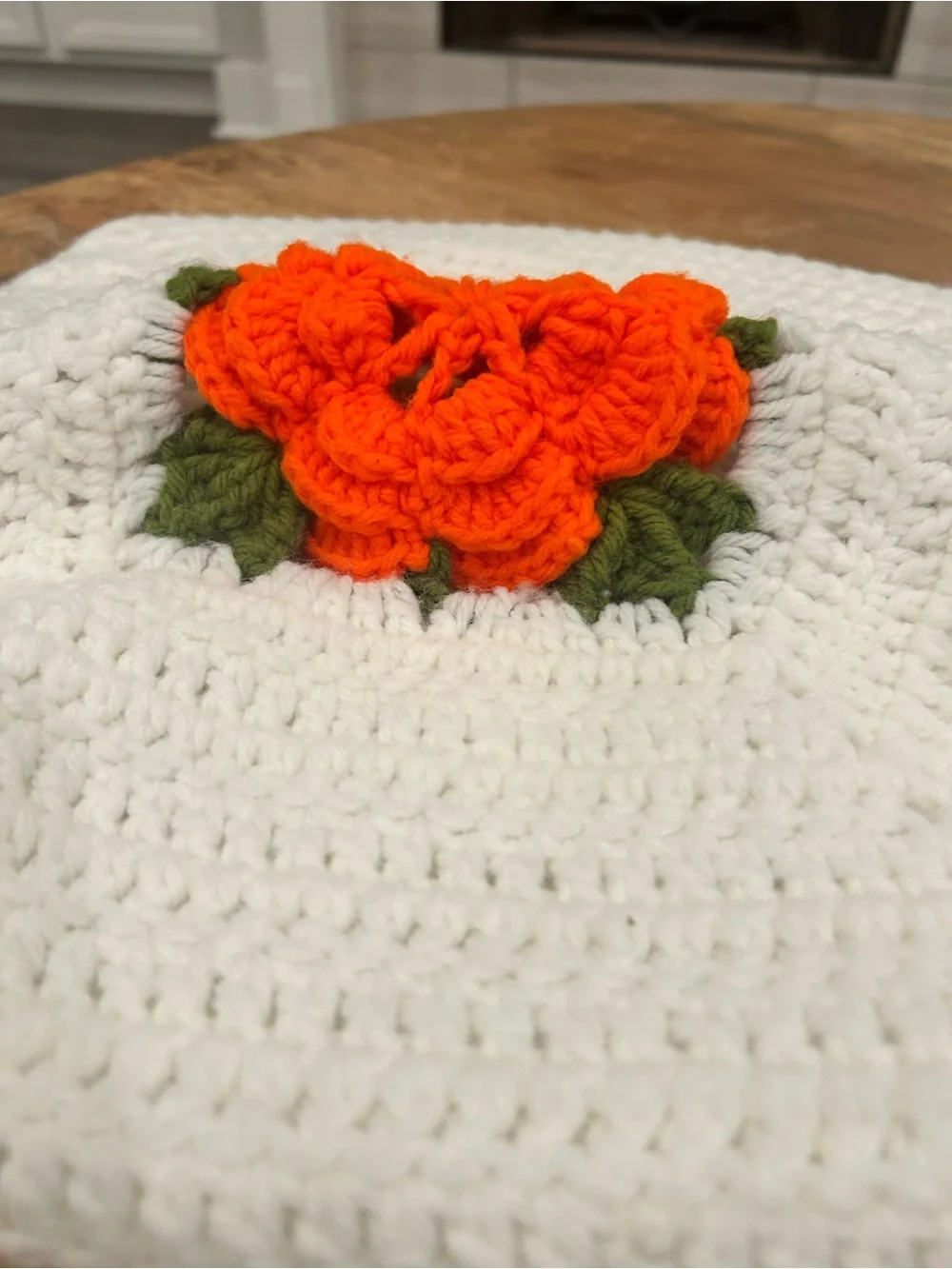 2 Vintage Style Crochet Accent Throw Pillow Covers W/ 3D Orange Flower Handmade